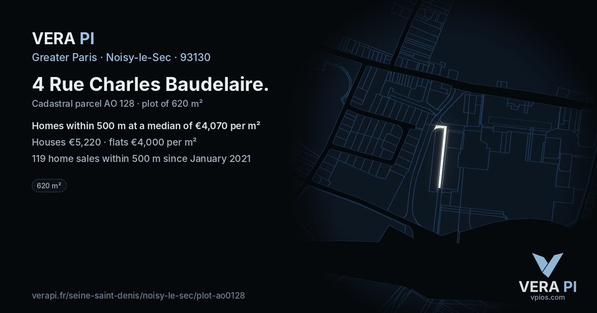 4 Rue Charles Baudelaire, Noisy-le-Sec at night – the plot lit, the parcels around coloured by the prices near them