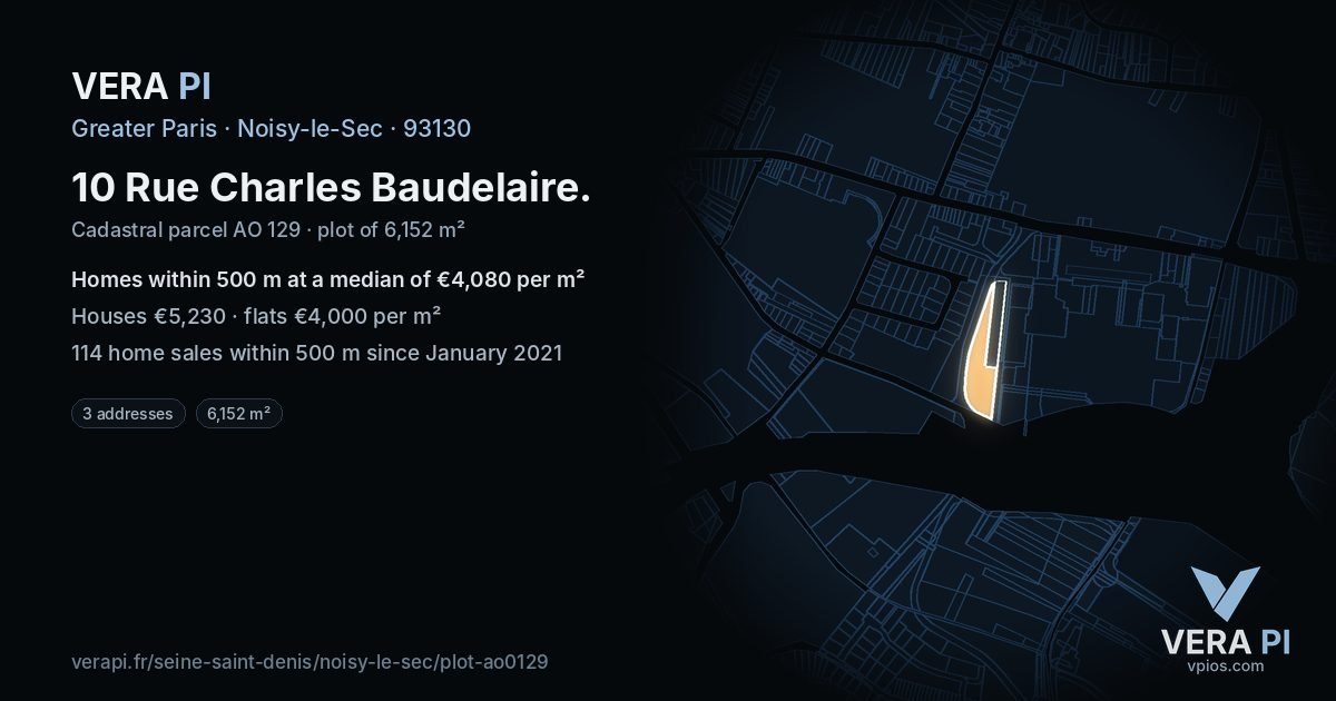 10 Rue Charles Baudelaire, Noisy-le-Sec at night – the plot lit, the parcels around coloured by the prices near them