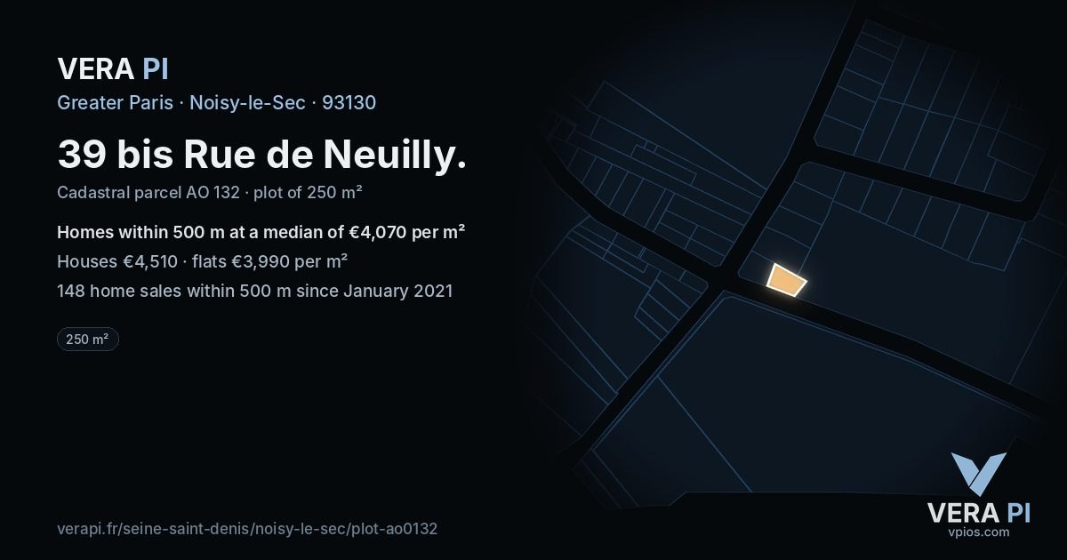 39 bis Rue de Neuilly, Noisy-le-Sec at night – the plot lit, the parcels around coloured by the prices near them