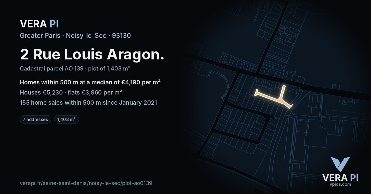 2 Rue Louis Aragon, Noisy-le-Sec at night – the plot lit, the parcels around coloured by the prices near them