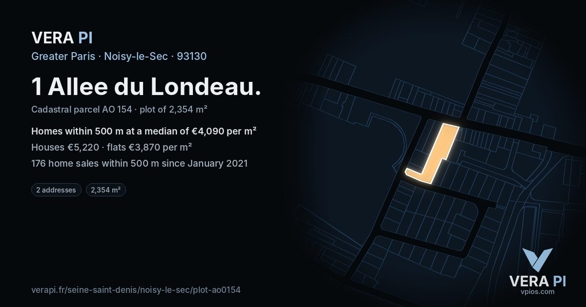 1 Allee du Londeau, Noisy-le-Sec at night – the plot lit, the parcels around coloured by the prices near them