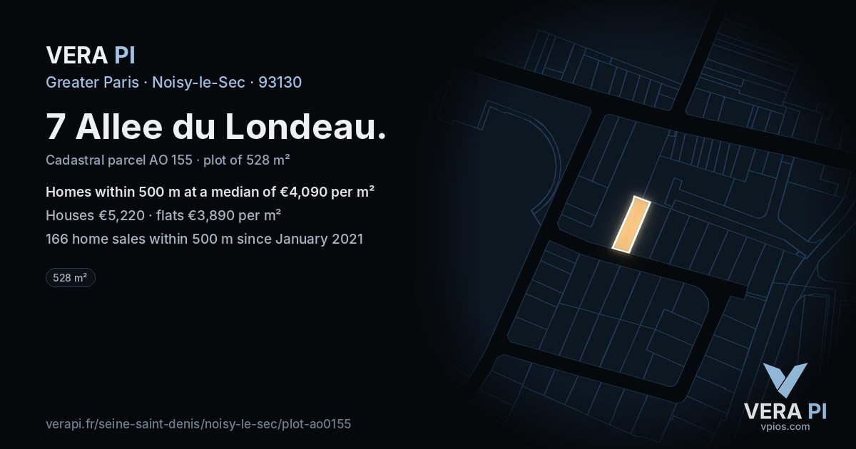 7 Allee du Londeau, Noisy-le-Sec at night – the plot lit, the parcels around coloured by the prices near them