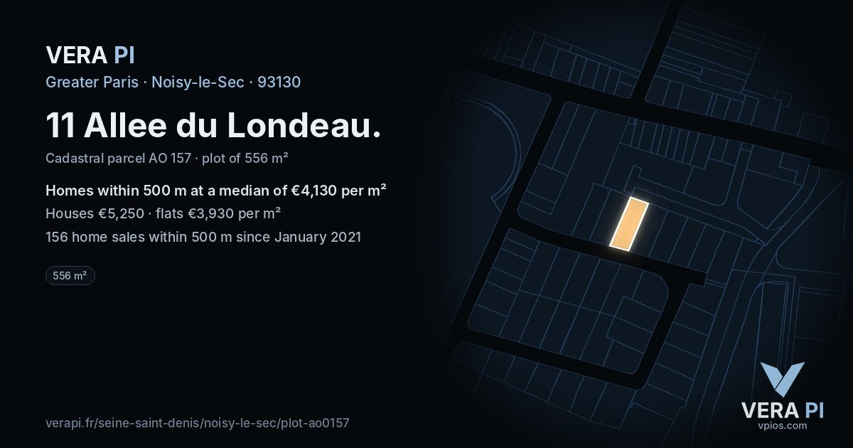 11 Allee du Londeau, Noisy-le-Sec at night – the plot lit, the parcels around coloured by the prices near them