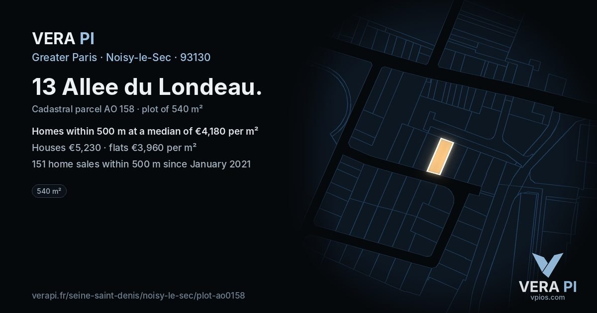 13 Allee du Londeau, Noisy-le-Sec at night – the plot lit, the parcels around coloured by the prices near them