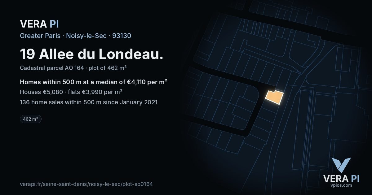 19 Allee du Londeau, Noisy-le-Sec at night – the plot lit, the parcels around coloured by the prices near them