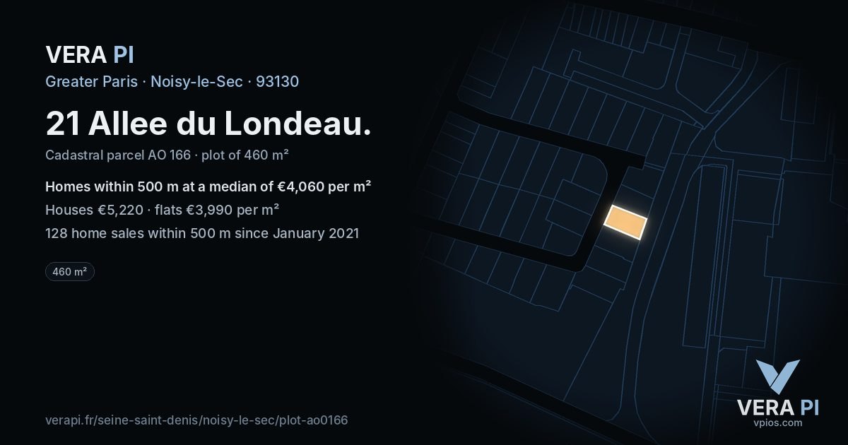 21 Allee du Londeau, Noisy-le-Sec at night – the plot lit, the parcels around coloured by the prices near them
