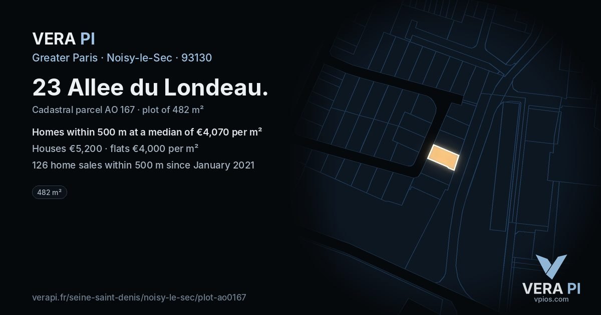 23 Allee du Londeau, Noisy-le-Sec at night – the plot lit, the parcels around coloured by the prices near them