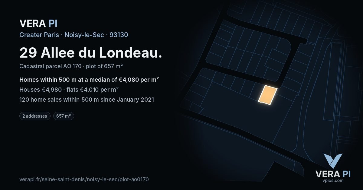 29 Allee du Londeau, Noisy-le-Sec at night – the plot lit, the parcels around coloured by the prices near them