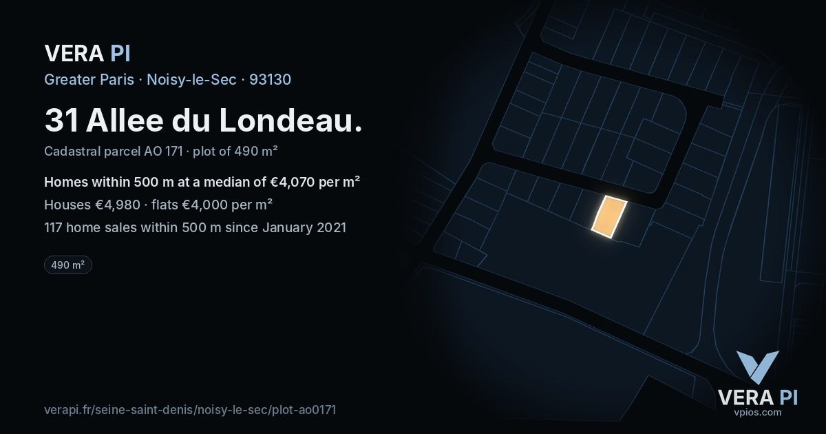31 Allee du Londeau, Noisy-le-Sec at night – the plot lit, the parcels around coloured by the prices near them