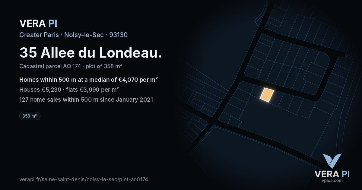 35 Allee du Londeau, Noisy-le-Sec at night – the plot lit, the parcels around coloured by the prices near them