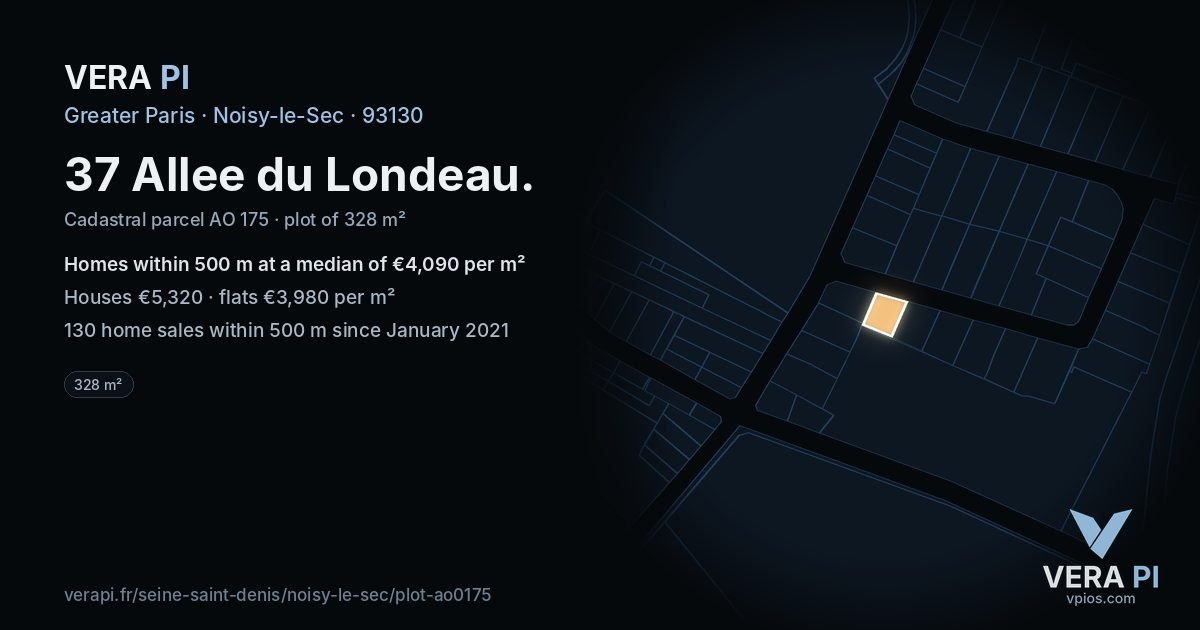 37 Allee du Londeau, Noisy-le-Sec at night – the plot lit, the parcels around coloured by the prices near them
