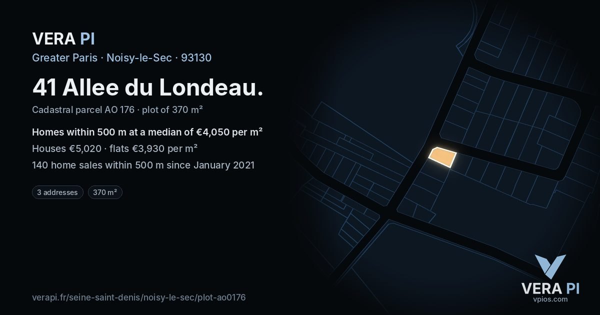 41 Allee du Londeau, Noisy-le-Sec at night – the plot lit, the parcels around coloured by the prices near them