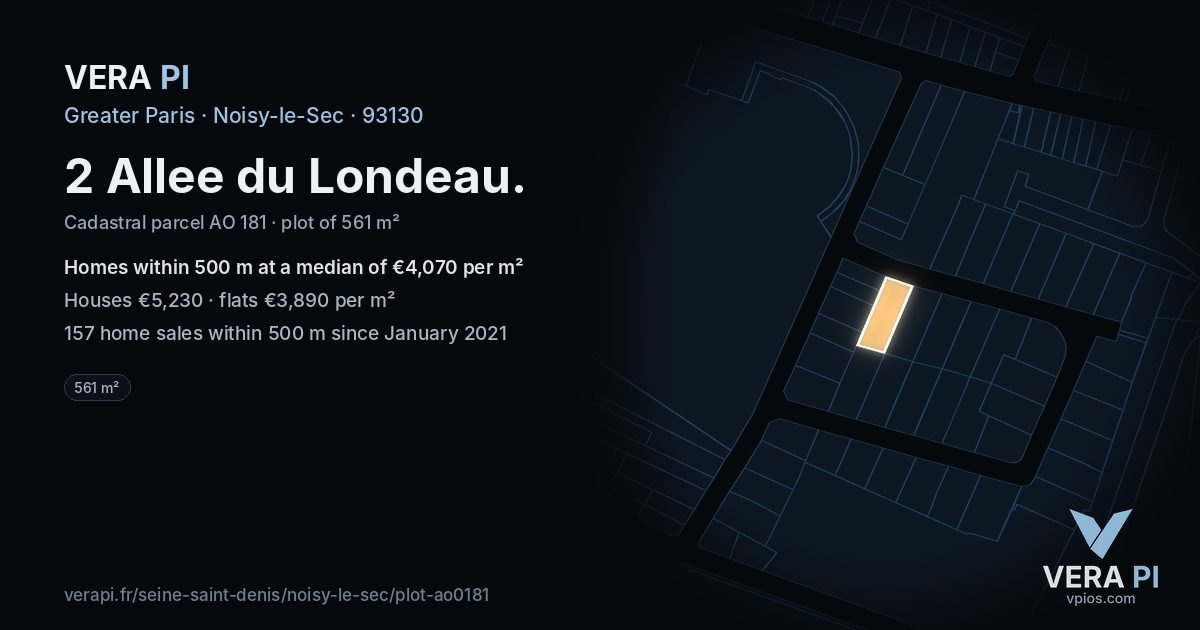 2 Allee du Londeau, Noisy-le-Sec at night – the plot lit, the parcels around coloured by the prices near them