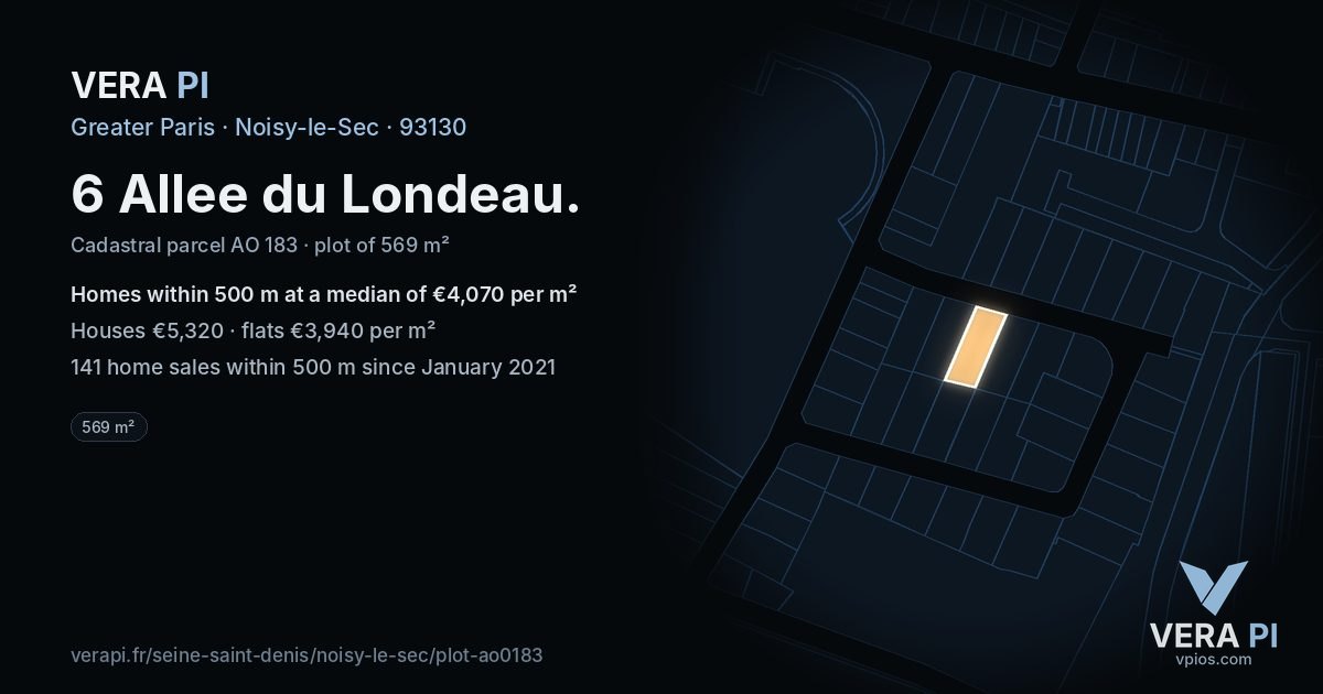 6 Allee du Londeau, Noisy-le-Sec at night – the plot lit, the parcels around coloured by the prices near them