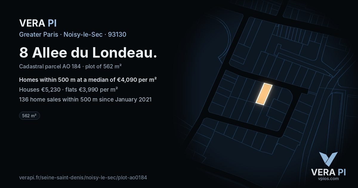 8 Allee du Londeau, Noisy-le-Sec at night – the plot lit, the parcels around coloured by the prices near them