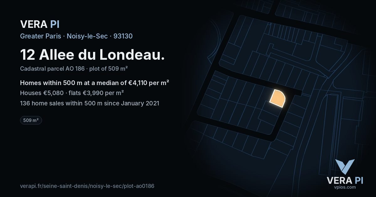 12 Allee du Londeau, Noisy-le-Sec at night – the plot lit, the parcels around coloured by the prices near them