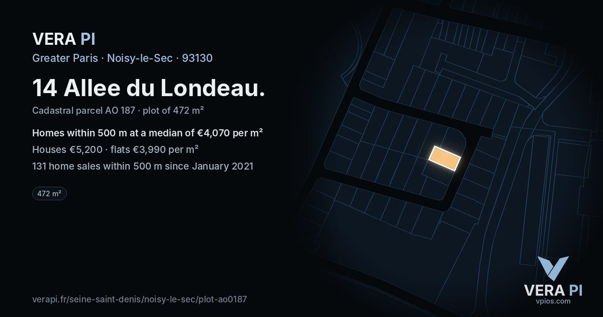 14 Allee du Londeau, Noisy-le-Sec at night – the plot lit, the parcels around coloured by the prices near them