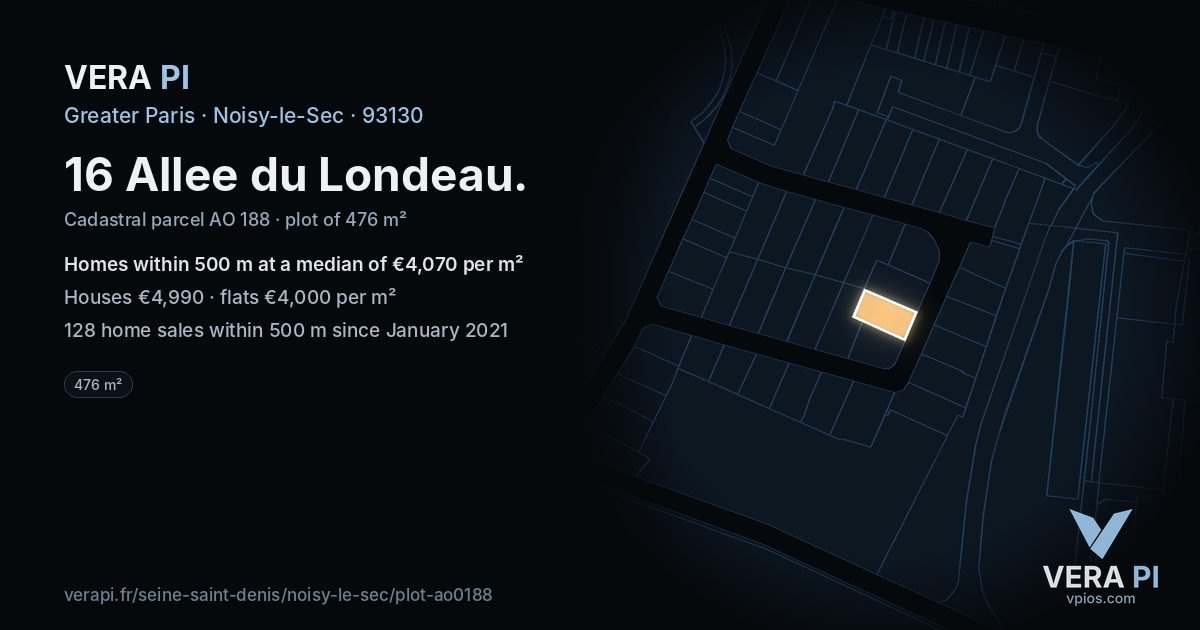 16 Allee du Londeau, Noisy-le-Sec at night – the plot lit, the parcels around coloured by the prices near them