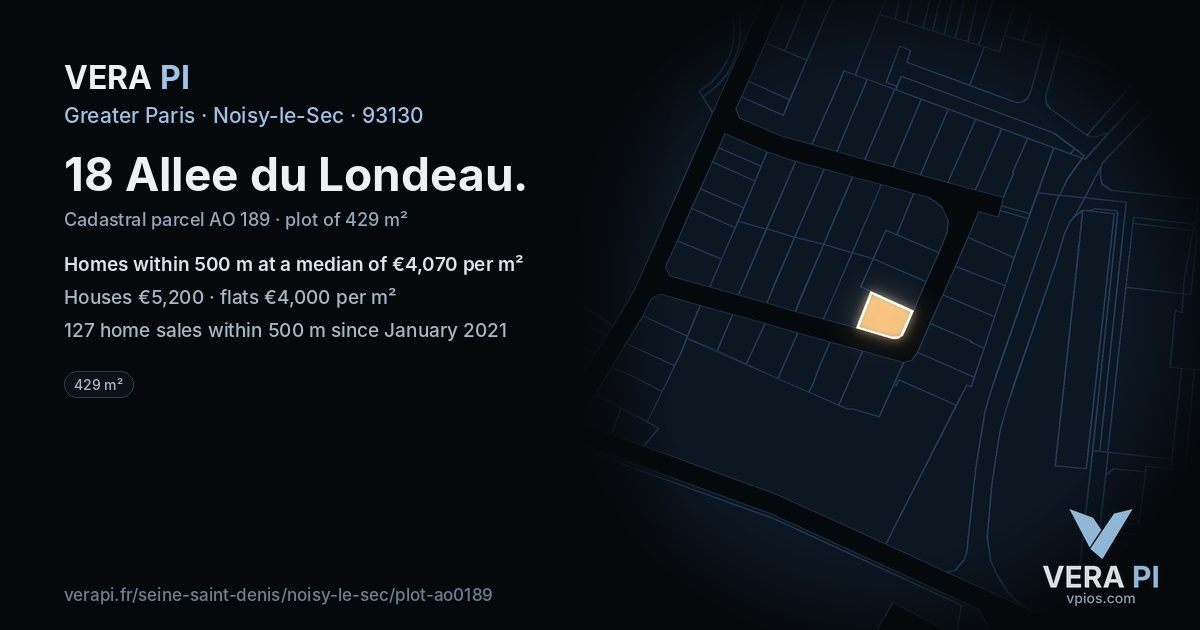 18 Allee du Londeau, Noisy-le-Sec at night – the plot lit, the parcels around coloured by the prices near them