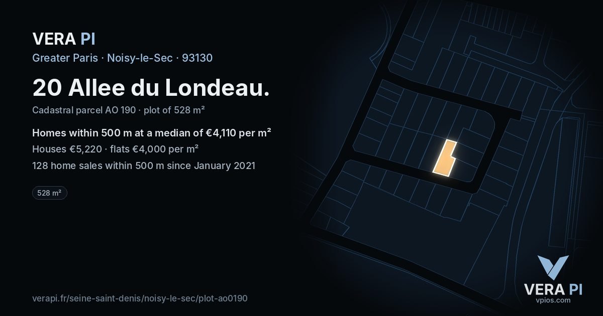 20 Allee du Londeau, Noisy-le-Sec at night – the plot lit, the parcels around coloured by the prices near them