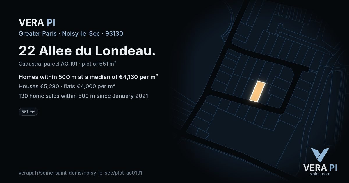 22 Allee du Londeau, Noisy-le-Sec at night – the plot lit, the parcels around coloured by the prices near them