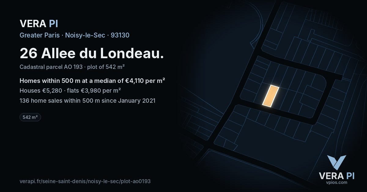 26 Allee du Londeau, Noisy-le-Sec at night – the plot lit, the parcels around coloured by the prices near them