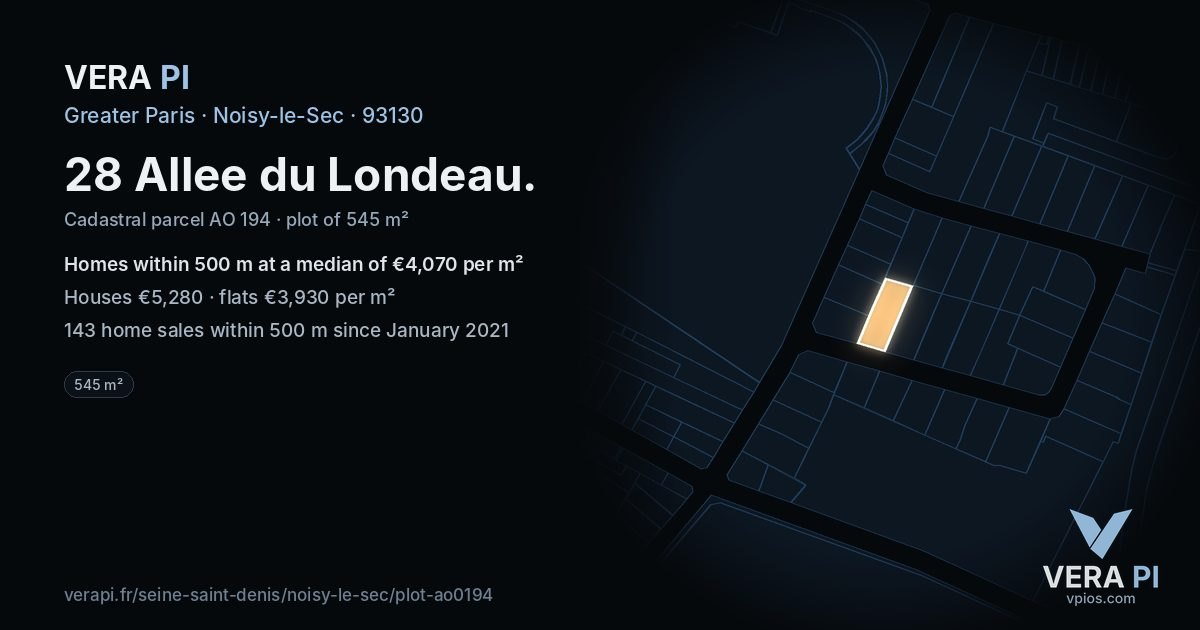 28 Allee du Londeau, Noisy-le-Sec at night – the plot lit, the parcels around coloured by the prices near them