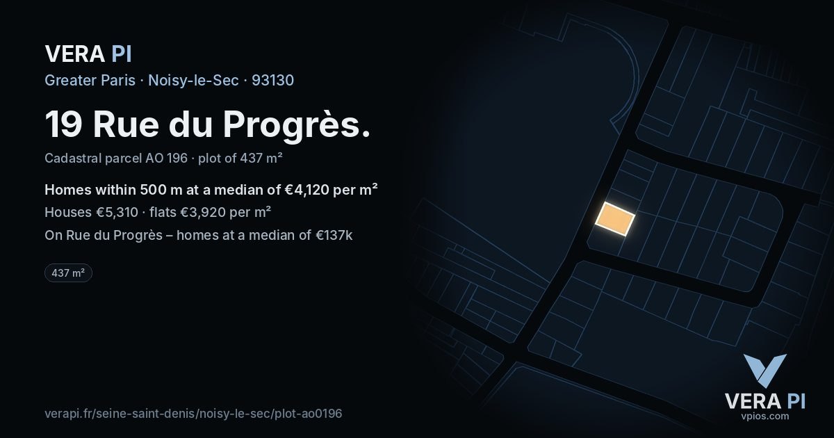 19 Rue du Progrès, Noisy-le-Sec at night – the plot lit, the parcels around coloured by the prices near them
