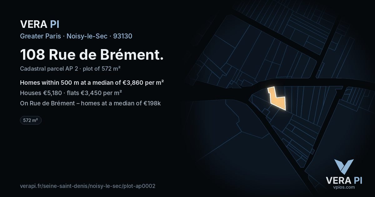 108 Rue de Brément, Noisy-le-Sec at night – the plot lit, the parcels around coloured by the prices near them