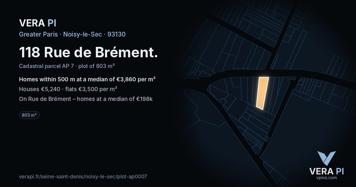 118 Rue de Brément, Noisy-le-Sec at night – the plot lit, the parcels around coloured by the prices near them