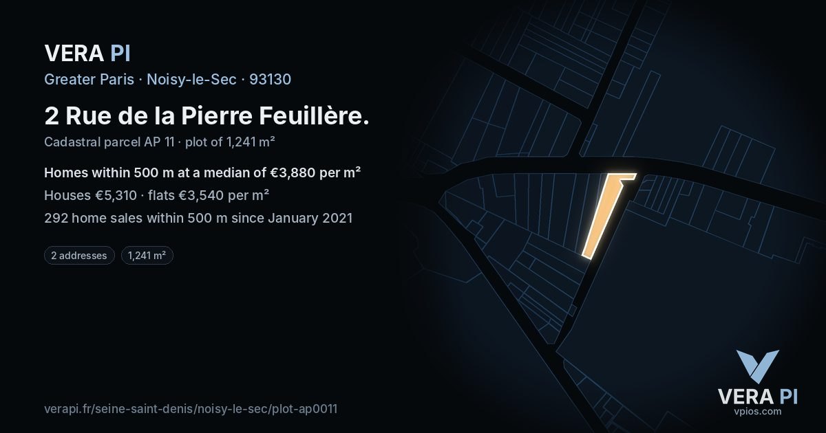 2 Rue de la Pierre Feuillère, Noisy-le-Sec at night – the plot lit, the parcels around coloured by the prices near them