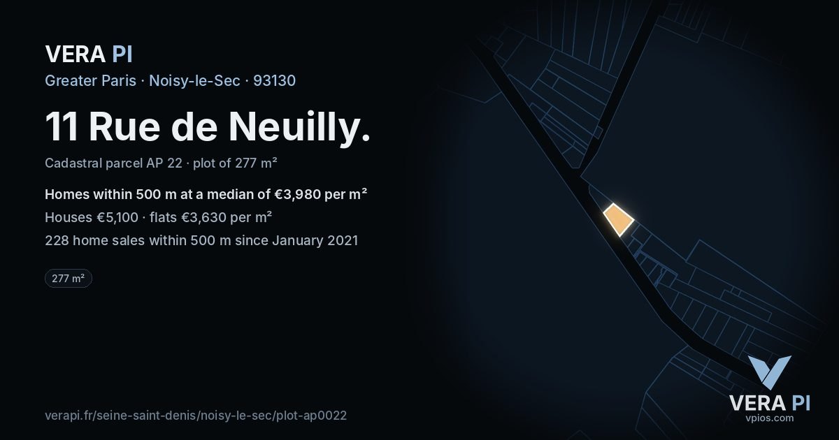11 Rue de Neuilly, Noisy-le-Sec at night – the plot lit, the parcels around coloured by the prices near them