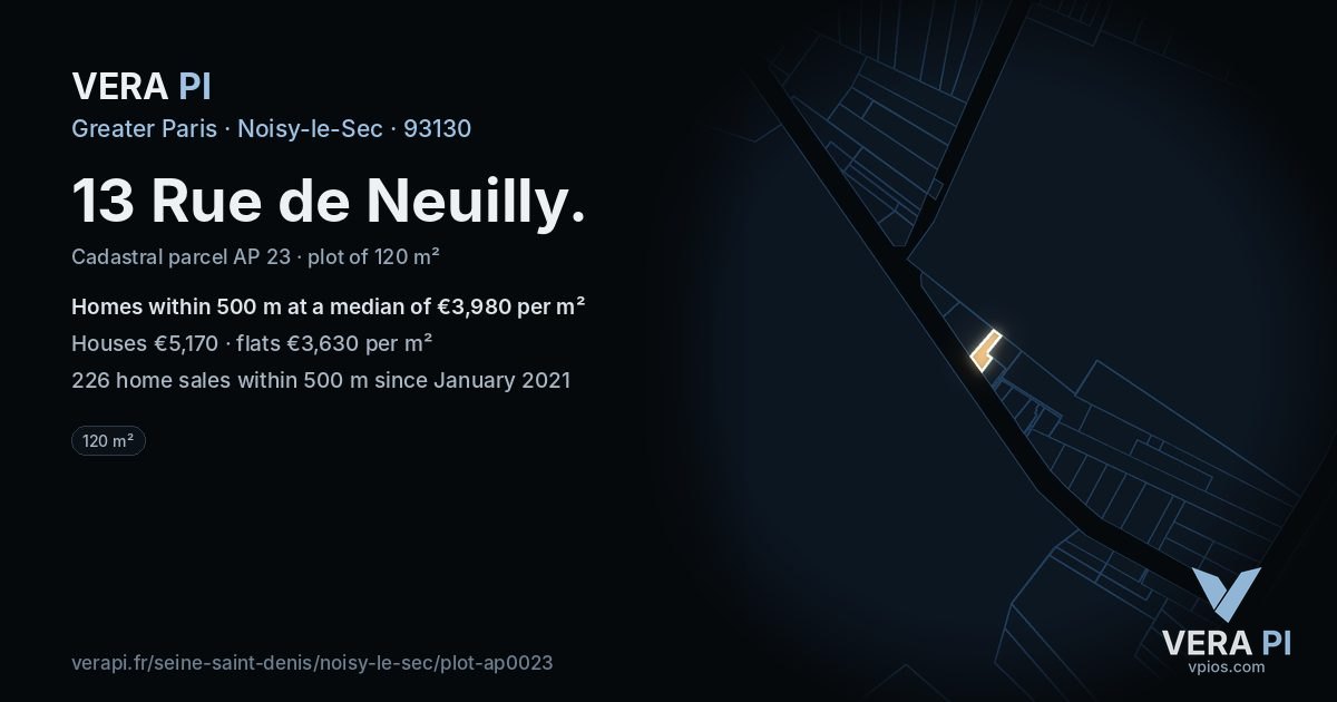 13 Rue de Neuilly, Noisy-le-Sec at night – the plot lit, the parcels around coloured by the prices near them