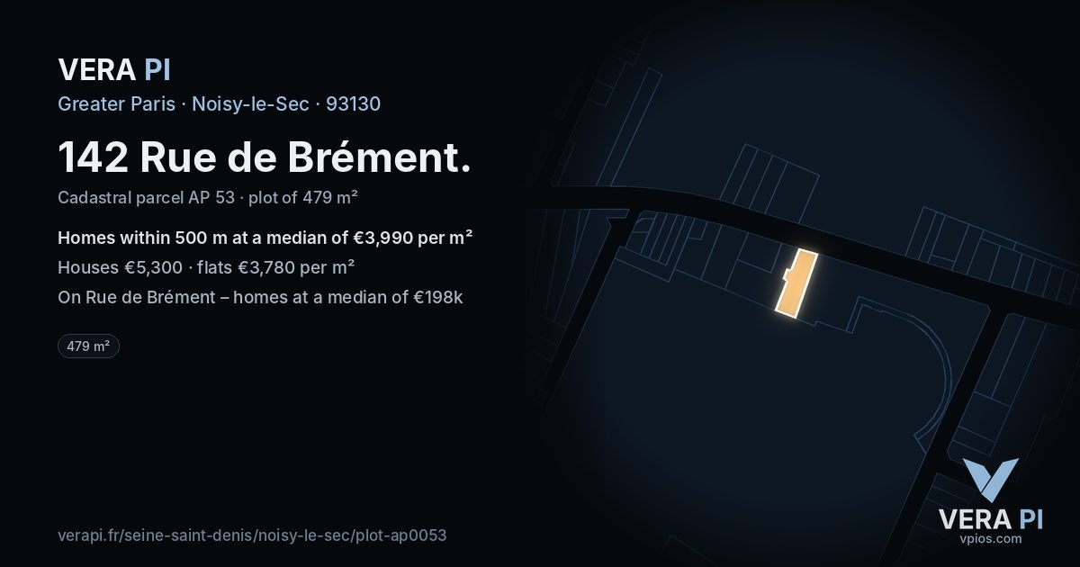 142 Rue de Brément, Noisy-le-Sec at night – the plot lit, the parcels around coloured by the prices near them