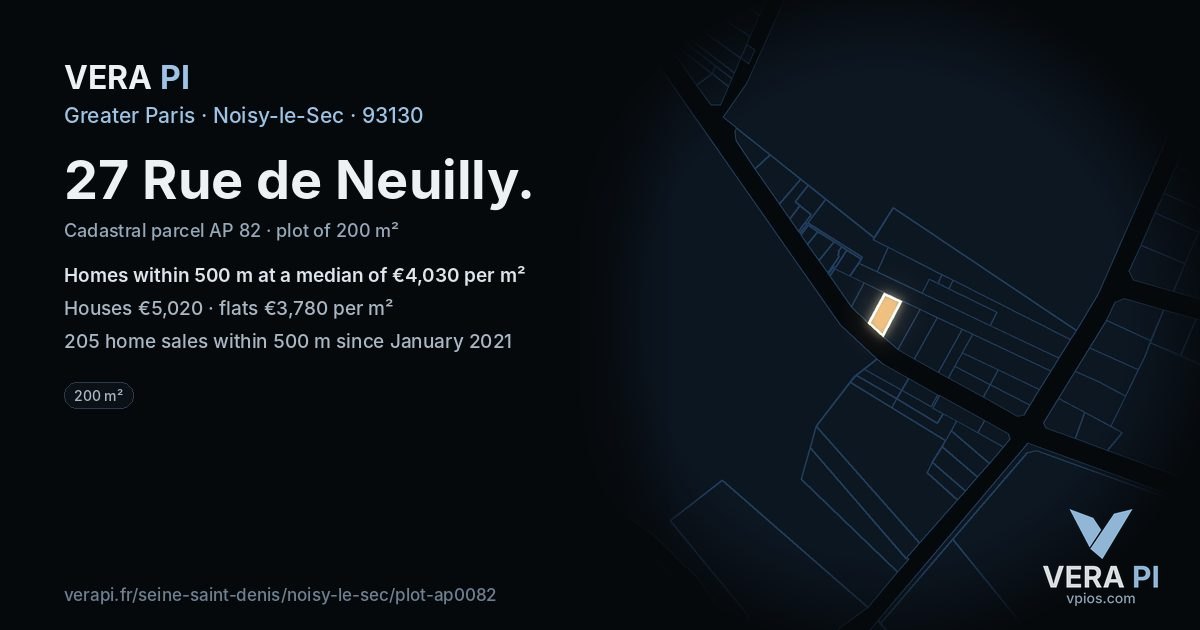27 Rue de Neuilly, Noisy-le-Sec at night – the plot lit, the parcels around coloured by the prices near them