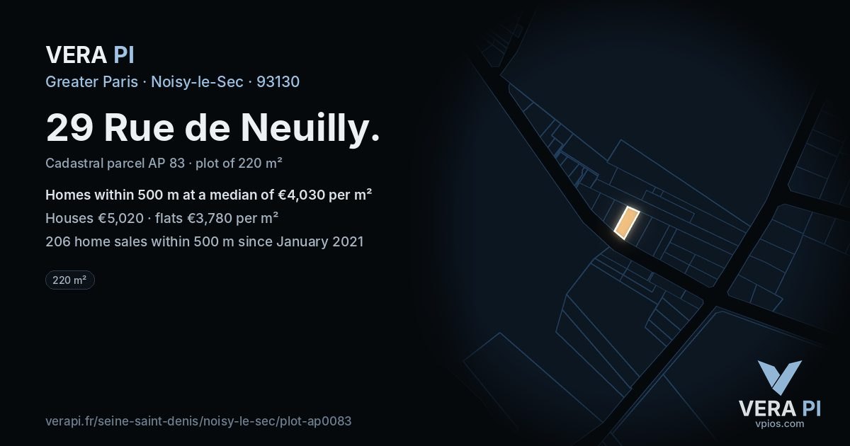 29 Rue de Neuilly, Noisy-le-Sec at night – the plot lit, the parcels around coloured by the prices near them
