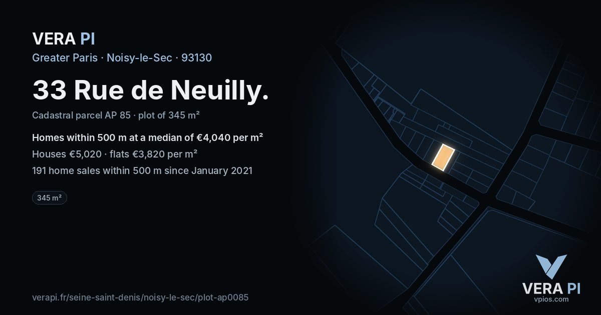 33 Rue de Neuilly, Noisy-le-Sec at night – the plot lit, the parcels around coloured by the prices near them