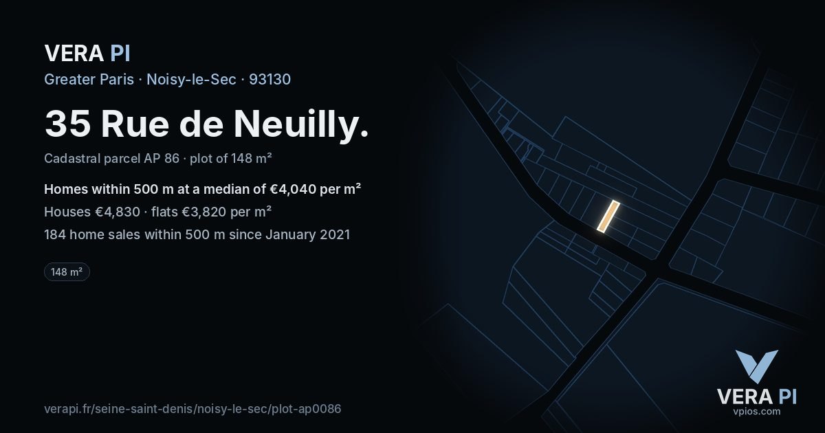 35 Rue de Neuilly, Noisy-le-Sec at night – the plot lit, the parcels around coloured by the prices near them