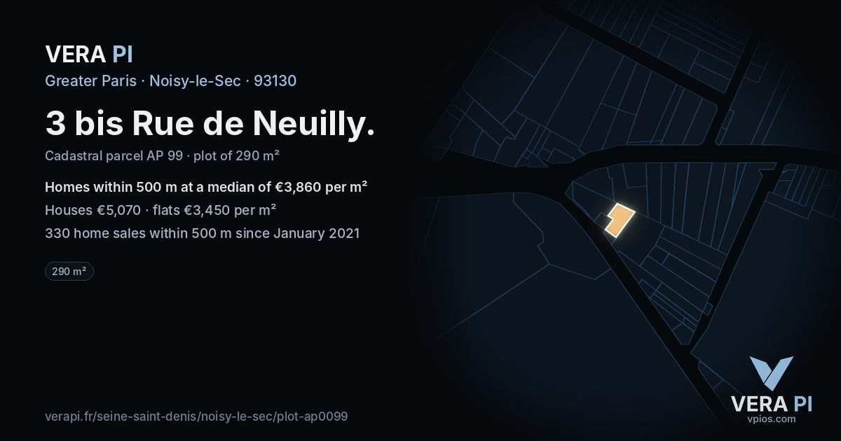 3 bis Rue de Neuilly, Noisy-le-Sec at night – the plot lit, the parcels around coloured by the prices near them