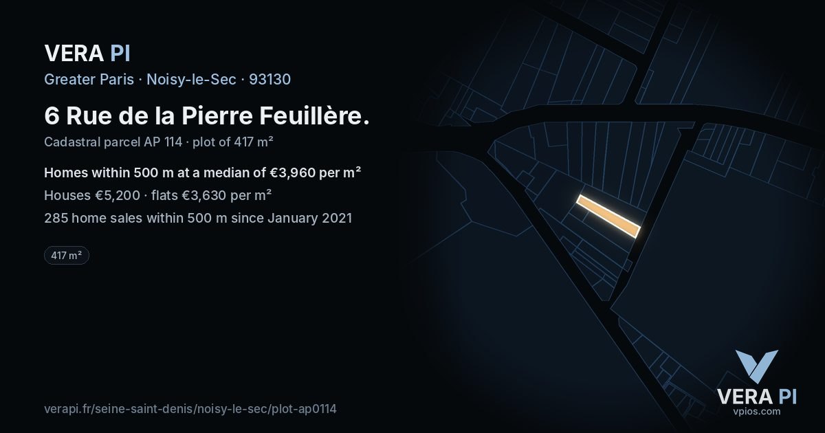 6 Rue de la Pierre Feuillère, Noisy-le-Sec at night – the plot lit, the parcels around coloured by the prices near them