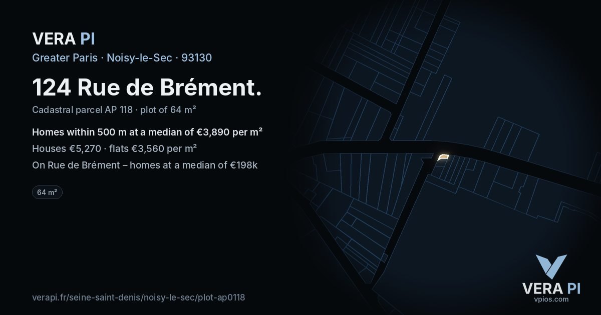 124 Rue de Brément, Noisy-le-Sec at night – the plot lit, the parcels around coloured by the prices near them