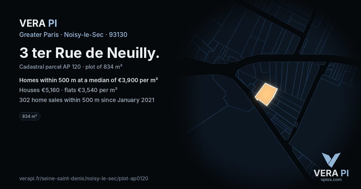 3 ter Rue de Neuilly, Noisy-le-Sec at night – the plot lit, the parcels around coloured by the prices near them
