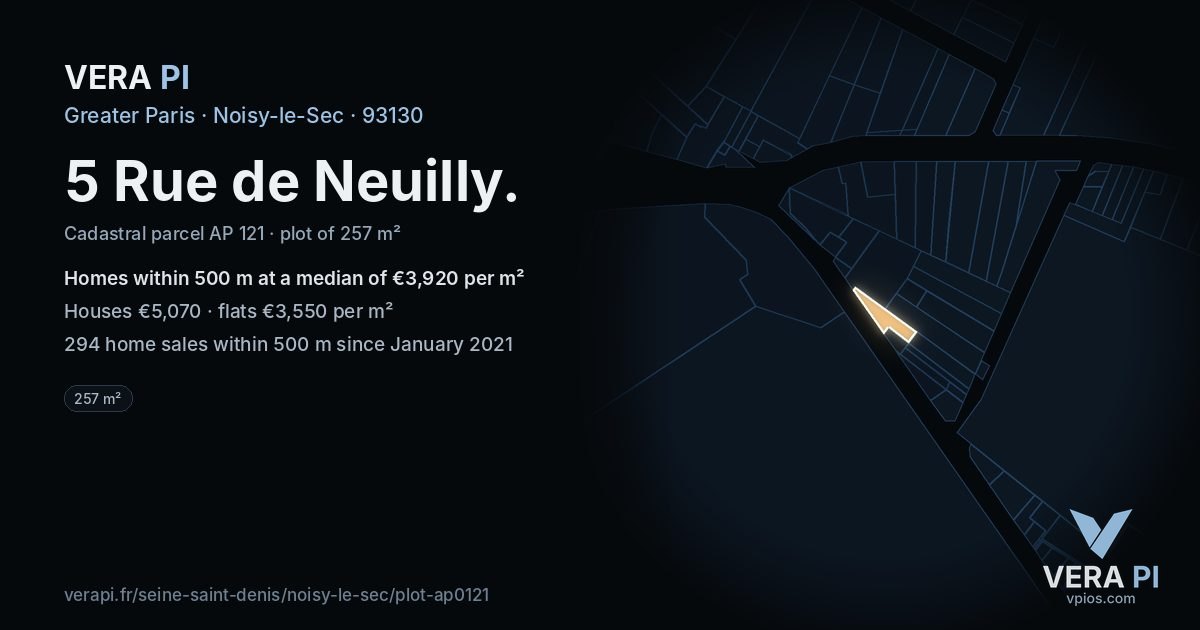 5 Rue de Neuilly, Noisy-le-Sec at night – the plot lit, the parcels around coloured by the prices near them
