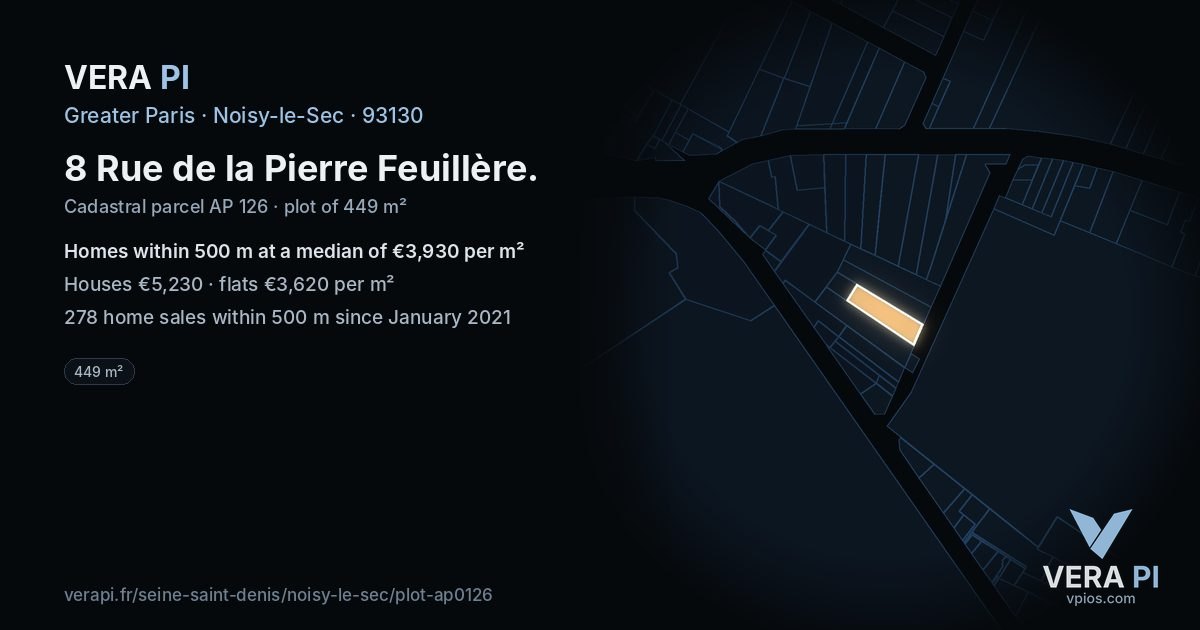 8 Rue de la Pierre Feuillère, Noisy-le-Sec at night – the plot lit, the parcels around coloured by the prices near them