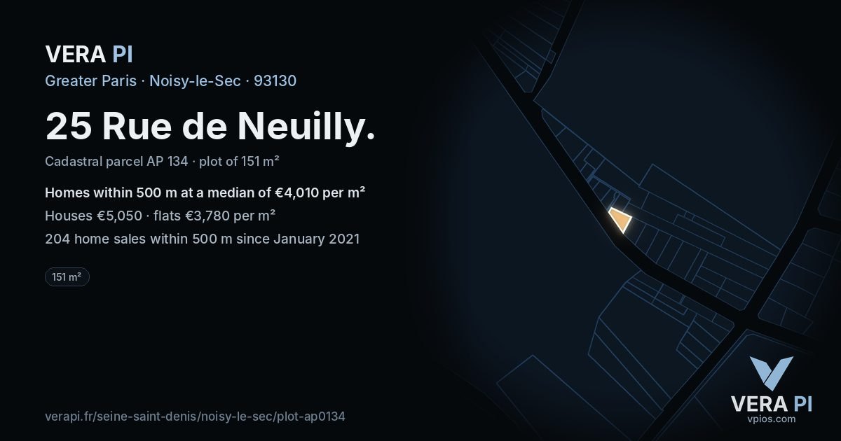 25 Rue de Neuilly, Noisy-le-Sec at night – the plot lit, the parcels around coloured by the prices near them