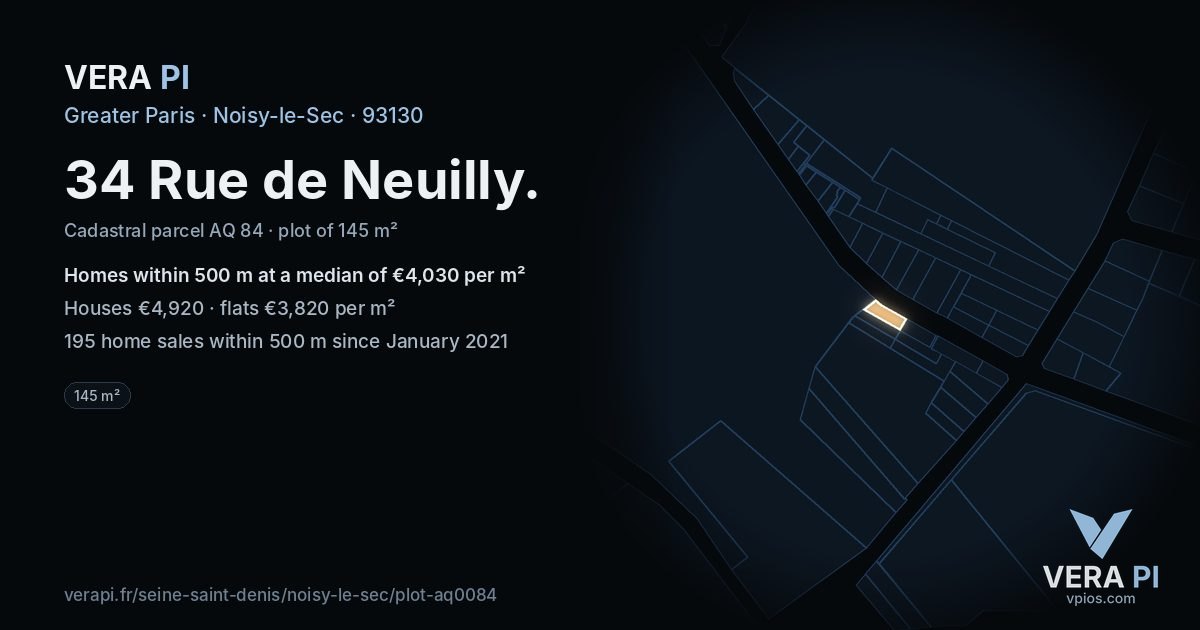 34 Rue de Neuilly, Noisy-le-Sec at night – the plot lit, the parcels around coloured by the prices near them