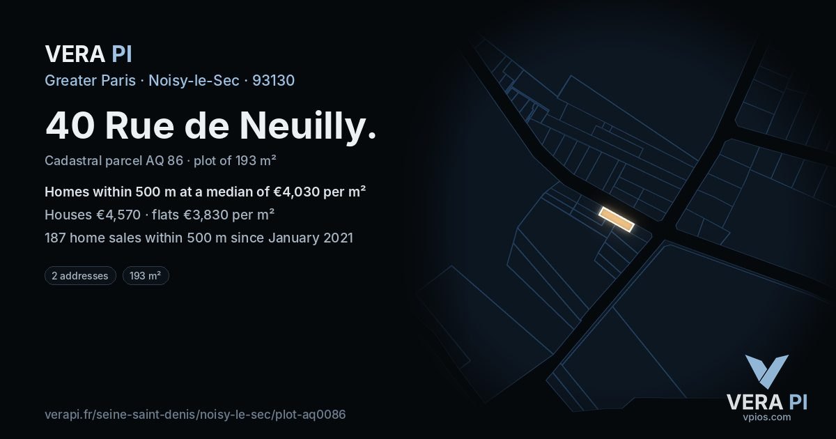 40 Rue de Neuilly, Noisy-le-Sec at night – the plot lit, the parcels around coloured by the prices near them