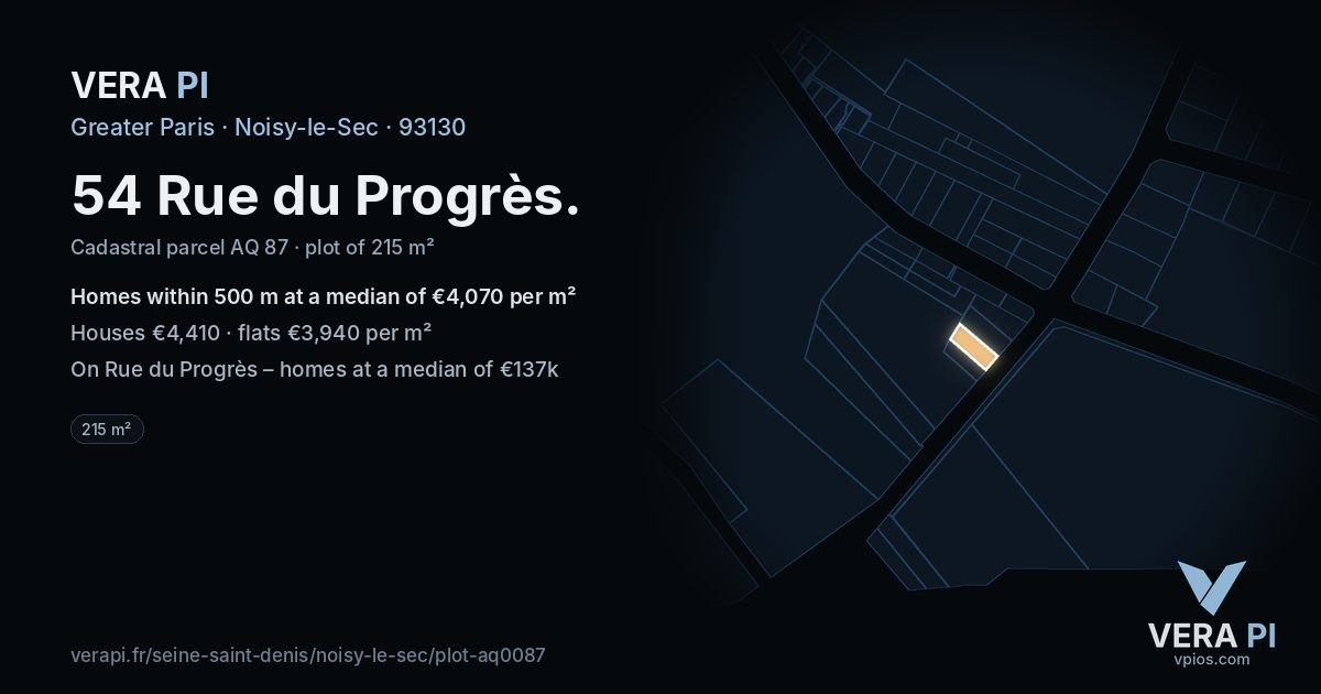 54 Rue du Progrès, Noisy-le-Sec at night – the plot lit, the parcels around coloured by the prices near them