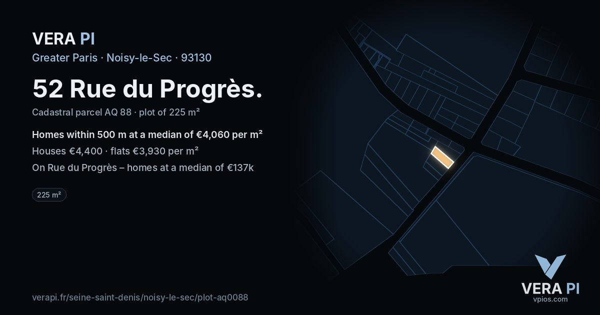 52 Rue du Progrès, Noisy-le-Sec at night – the plot lit, the parcels around coloured by the prices near them