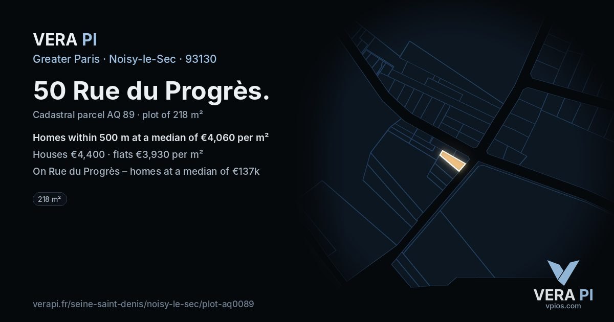 50 Rue du Progrès, Noisy-le-Sec at night – the plot lit, the parcels around coloured by the prices near them